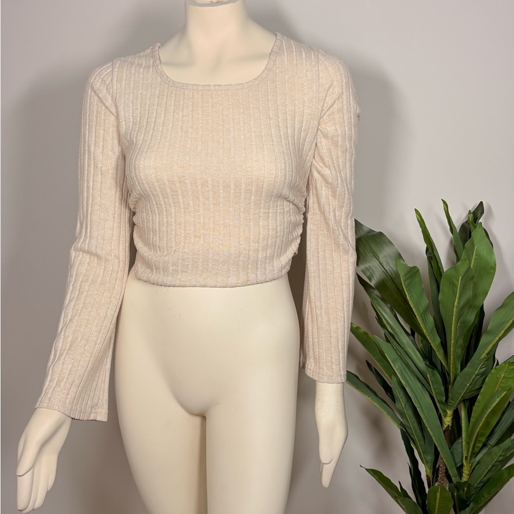 Cream Ribbed Long Sleeve Top